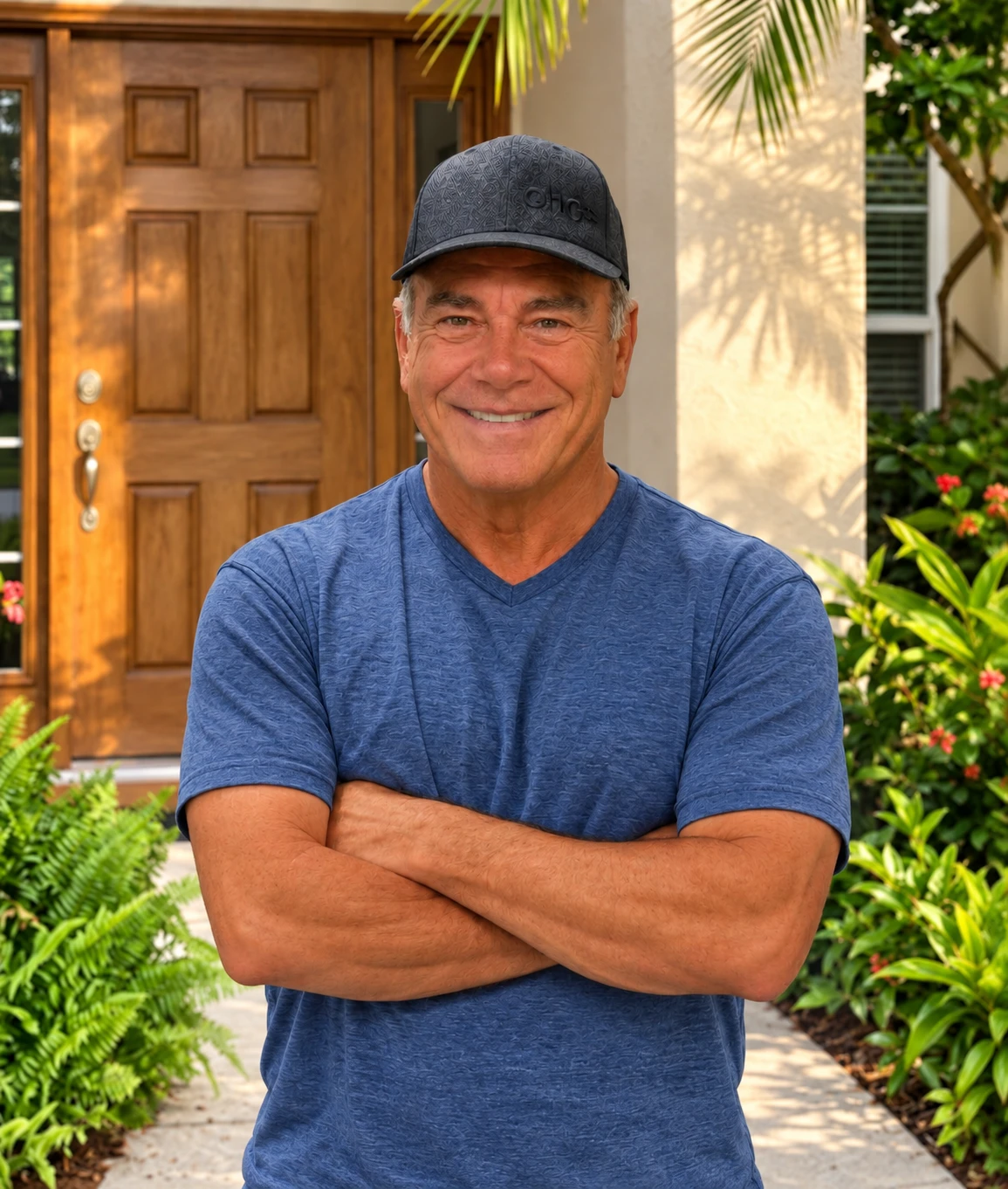 Dan, smiling with arms crossed in front of a wood-finished front door he refinished